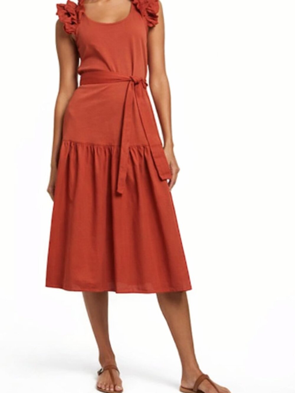 Nation LTD Everleigh Ruffle Shoulder Midi Dress Cayenne